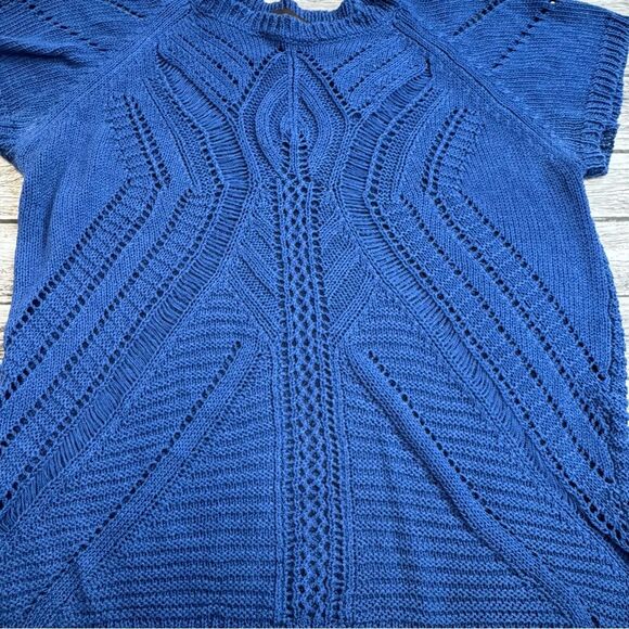 Fever Women's Open Crochet Short Sleeve Sweater Blouse Royal Blue S SM Small Rib - Picture 5 of 12